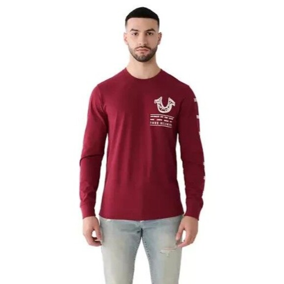 True Religion Men's Long Sleeve Logo Tour Graphic T-Shirt Burgundy Red XXL - Picture 3 of 7